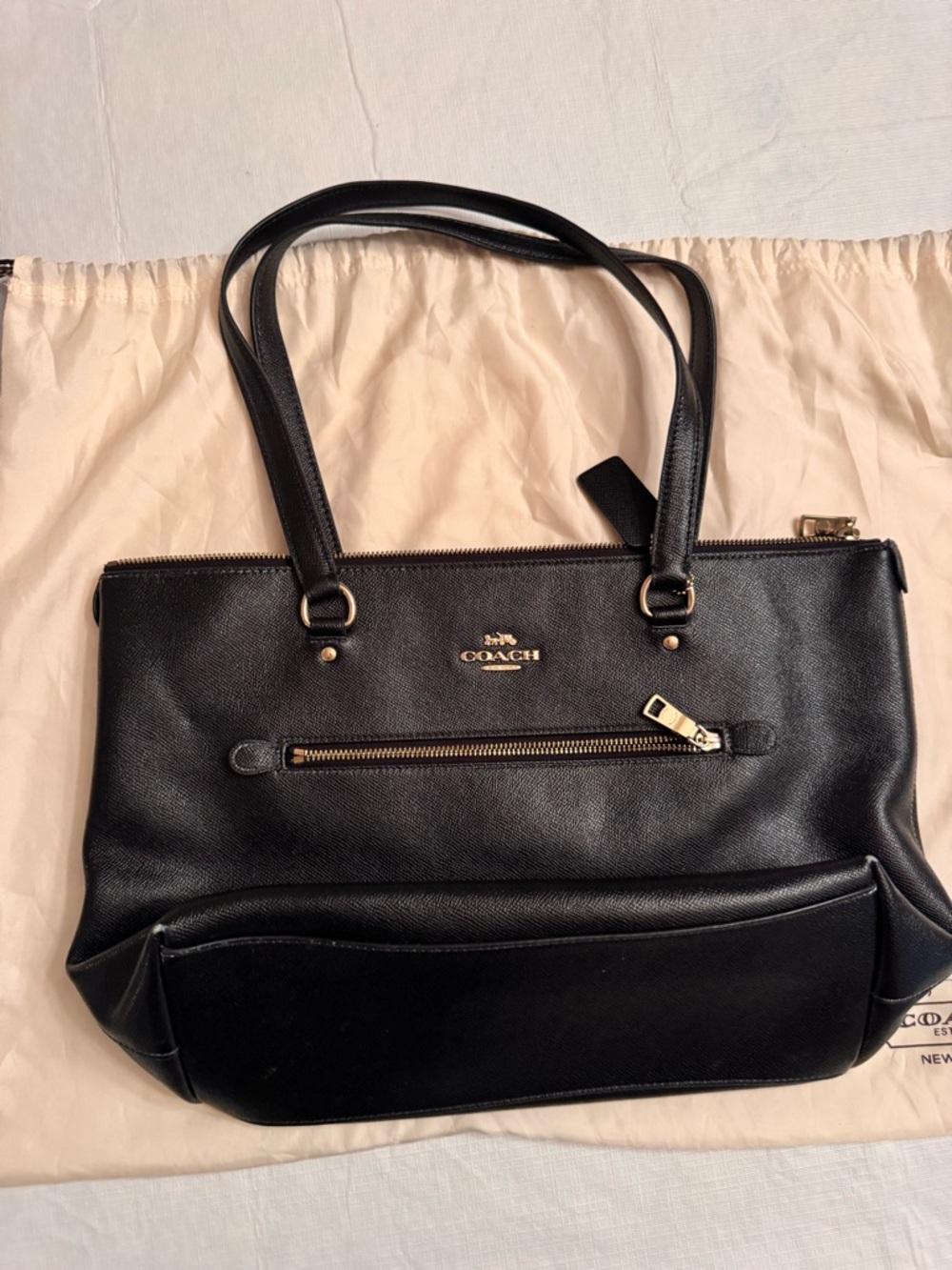 Coach Black Leather Tote with Gold Hardware and Front Zip Pocket